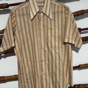 Vintage Men's Striped Short Sleeve Shirt - Beige and Brown